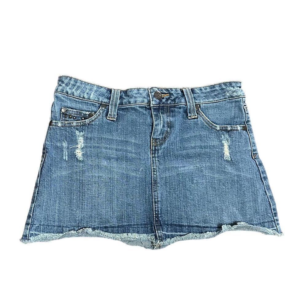 Hint Blue Denim Raw Hem Y2K Casual Streetwear Cowgirl Mini Denim Jean Skirt